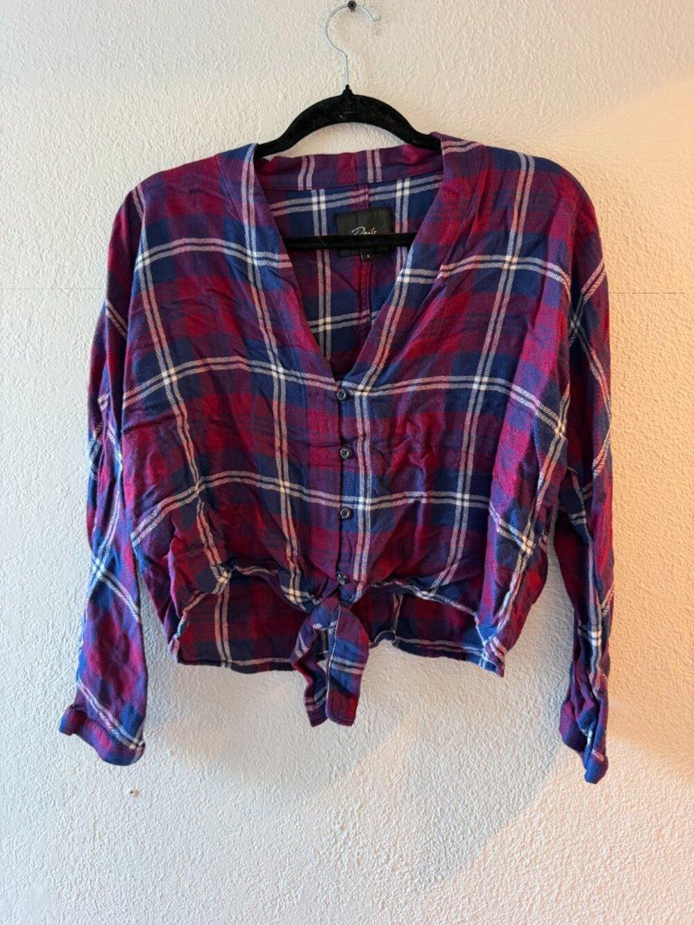 Rails Red Blue Sloane Cropped Front-Tie Plaid Blouse, Small
